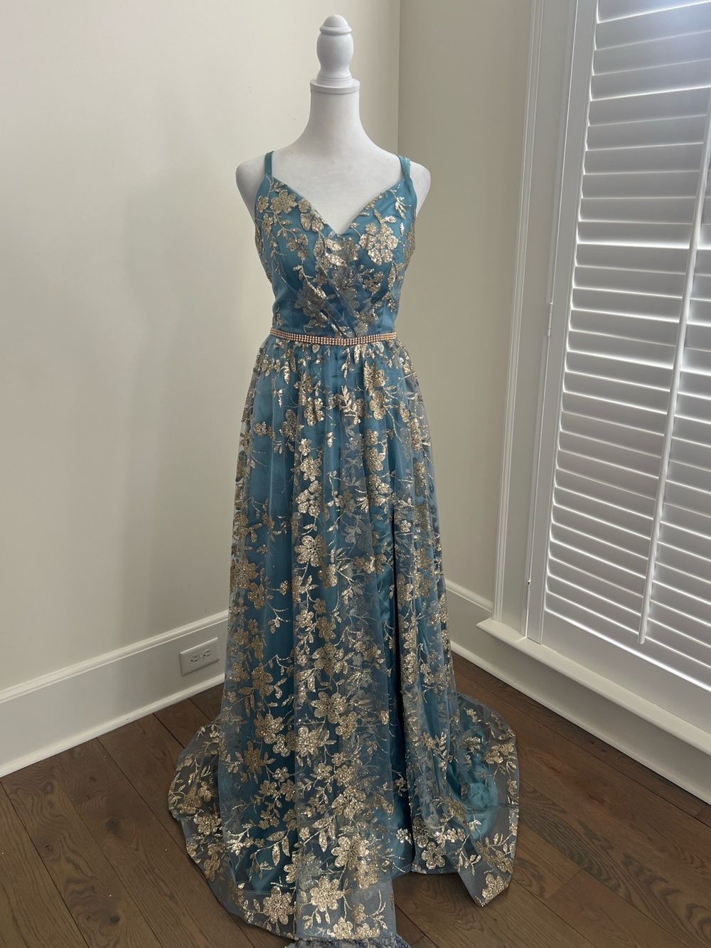 Dusty Blue A-line spaghetti strap lace prom dress evening gown 2